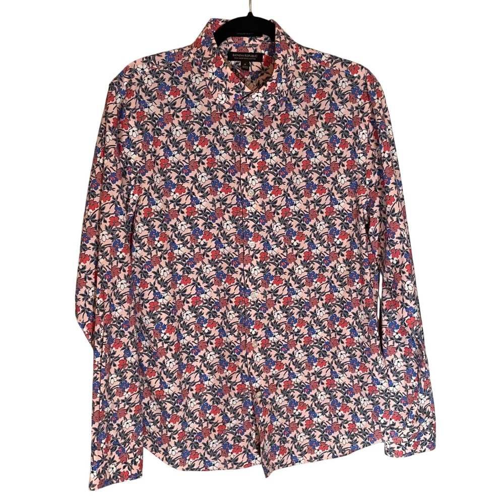 Banana Republic Mens 100% Cotton Pink Floral Non-Iron Untucked Slim Fit Shirt  M